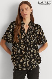 Czarna, plisowana bluzka Lauren Ralph Lauren z ozdobnym rękawem i kwiatowym nadrukiem (U56450) | 264 zł