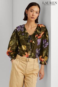 Zielona-khaki bluzka Lauren Ralph Lauren Gwilym z marszczonym kołnierzem i kwiatowe wzory (U56460) | 246 zł
