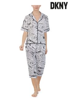 DKNY Black Newspaper Print Notch Collar Capri Pyjama Set (U56712) | AED513