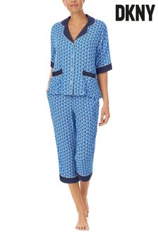 DKNY Blue Logo Print Notch Collar Top And Capri Pyjama Set (U56722) | ₪ 461