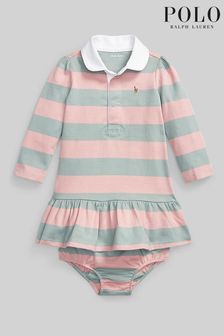 Polo Ralph Lauren Baby Pink And Green Striped Rugby Dress (U57481) | €113