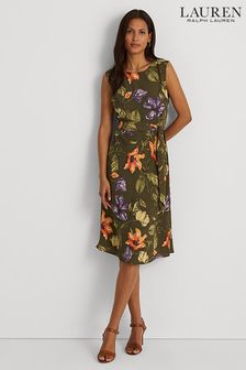 Lauren Ralph Lauren Khaki Green Floral Tie Waist Vilodie Midi Dress (U57813) | €85