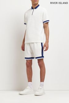 River Island White Short Sleeve Slim Texture Tape Polo T-Shirt (U59167) | ₪ 126