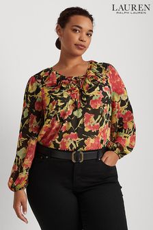 Черная блузка с V-образным вырезом, оборками и цветочным принтом Lauren Ralph Lauren Curve Reeshah (U59495) | €60
