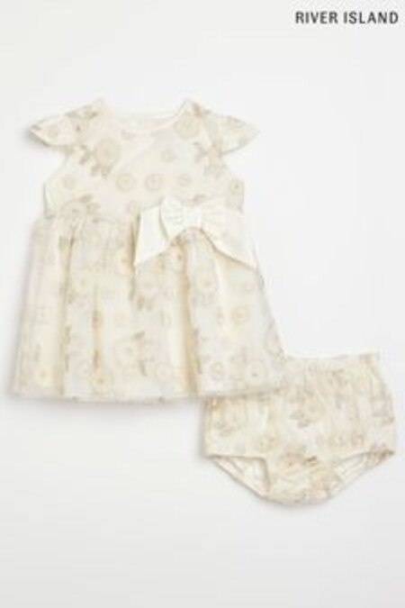 Rochie din tul pentru fete cu Crem și flori River Island Bebeluși (U59536) | 234 LEI