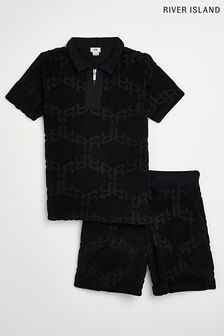 طقم بولو قماش منشفة أسود بشعار من River Island (‪U59602‬​​​​​​​) | 141 ر.ق - 185 ر.ق