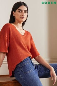 Boden Orange Linen V-Neck T-Shirt (U59771) | ₪ 303