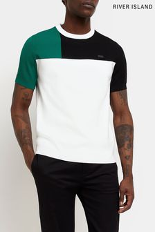 River Island White Short Sleeve Top Blocked Badge Knit T-Shirt (U59947) | $44