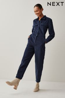 Bleu marine - Combi-pantalon boutonné en velours côtelé style militaire (U59963) | €53