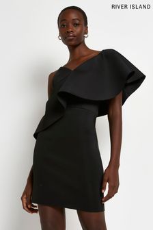 Black Tall Sara Black Scuba Frill Asym Dress (U60057) | $72