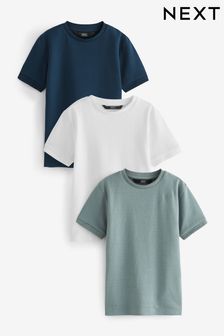 Green/Ecru White/Navy Blue Short Sleeve Textured T-Shirts 3 Pack (3-16yrs) (U60367) | SGD 39 - SGD 51
