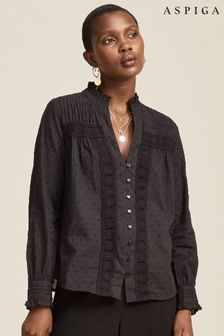 חולצה אלגנטית מתחרה של Aspiga דגם Carrie Cotton Dobby בשחור (U60477) | ‏427 ‏₪