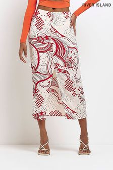 River Island Cream Red Printed Tiered Midi Skirt (U60519) | €53