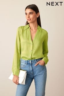 Bright Citrine Green Sparkle Button Satin Shirt (U60573) | €13