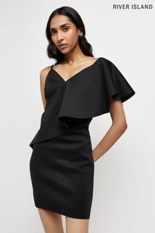 Črna mini asimetrična nabrana obleka River Island Sara (U60673) | €14