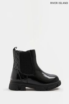 River Island Girls Monogram Black Cleated Chelsea Boots (U61094) | €17.50