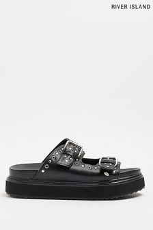 River Island Double Buckle Stud Sling Back Black Sandals (U61174) | 73 €
