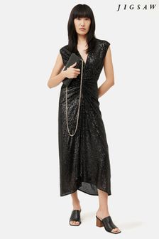 Jigsaw Sequin Ruched Midi Black Dress (U61353) | $361