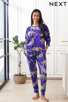 Violett mit Tigermotiv - Langärmeliger Pyjama aus Baumwolle (U62291) | CHF 38