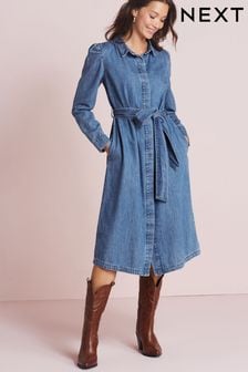 Stredne modrá - Denimové košeľové midi šaty s naberanými rukávmi a opaskom (U62338) | €42