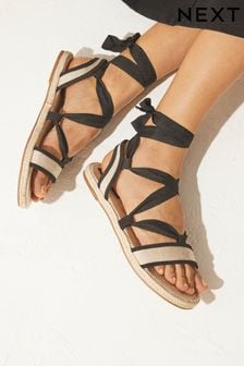 Black/Cream Espadrille Flat Sandals with Fabric Ankle Wrap (U62608) | €11
