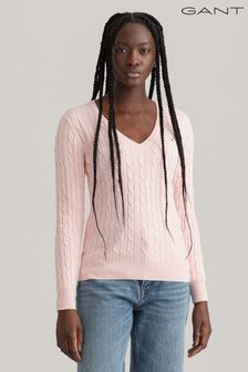 Gant Damen Pullover aus Stretch-Baumwolle mit V-Ausschnitt und Zopfmuster, Pink (U63290) | 133 €