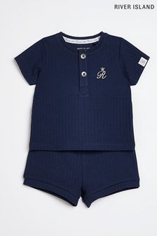 River Island Navy Blue Short Sleeve Organic Rib Shorts Set (U63610) | €7