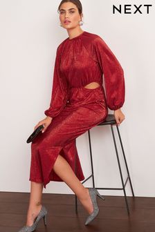 Red Long Sleeve Cut-Out Metallic Midi Dress (U64102) | 32 €