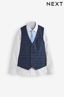 Blue Check Waistcoat, White Shirt & Tie Set Waistcoat (12mths-16yrs) (U64135) | KRW68,300 - KRW87,500