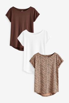 Weiß/Braun/Animalprint - T-Shirts mit Flügelärmeln im 3er-Pack (U64363) | 33 €