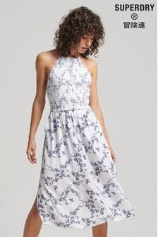 Superdry White/Blue Vintage Smocked Halter Dress (U64867) | $62