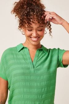 Green Woven Jersey Mix V-Neck Blouse (U65068) | $33