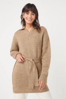 Brown Belted Zip Neck Knitted Tunic Jumper Dress (U65158) | 98 zł