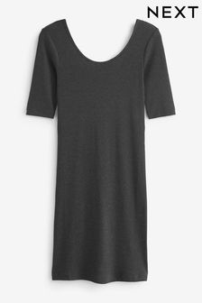 Grey Scoop Neck Ribbed Dress (U65263) | 37 zł