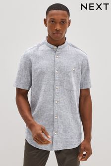 Grey Grandad Collar Linen Blend Short Sleeve Shirt (U65506) | $49