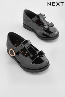 Schwarzes Lackleder - School Junior Schuhe mit T-Riemen und Zierschleife (U66750) | 26 € - 34 €