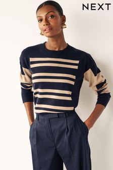 Navy Blue and Camel Stripe Cosy Crew Neck Long Sleeve Jumper (U66869) | €16