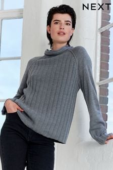 Siva - Udoben rebrast pulover z visokim ovratnikom (U66871) | €14
