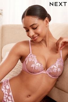 Pink Non Pad Plunge Floral Embroidered Bra (U66894) | 33 €