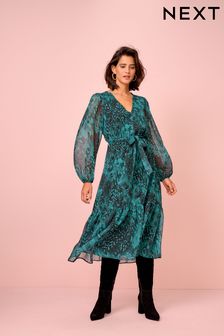 Зеленый - Платье миди с принтом и поясом (U67003) | €38