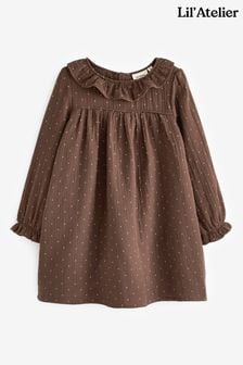 Lil Atelier Girls Brown Frill Neck Dot Print Dress (U67143) | €26