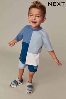 ブルー オーバーサイズ - 半袖 カラーブロック Tシャツ & ショートパンツセット (3 か月～7 歳)  (U67364) | ￥2,210 - ￥2,840