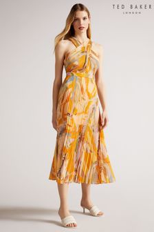 Ted Baker Ansa Orange Cross Front Pleated Midi Dress (U67935) | $417