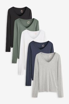 Multi Slouch V-Neck Long Sleeve T-Shirts 5 Pack (U68090) | AED150