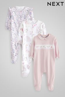 Lilac Bunny Baby Embroidered Detail Sleepsuits 3 Pack (0-2yrs) (U68434) | 93 QAR - 112 QAR