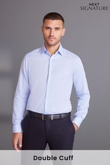 Blue Regular Fit Double Cuff Signature Textured Double Cuff Shirt With Trim Detail (U68512) | $62