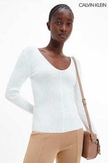 Calvin Klein Iconic Gerippter Pullover mit V-Ausschnitt, Natur (U68795) | 107 €
