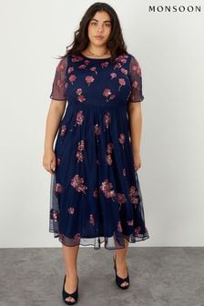 Robe mi-longue Monsoon bleue ornée de rubis (U68868) | €76