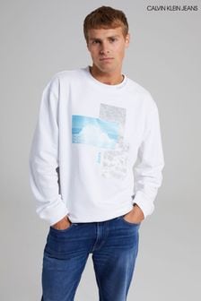 Calvin Klein Jeans White Splash Photoprint Crew Neck Sweater (U68874) | SGD 154