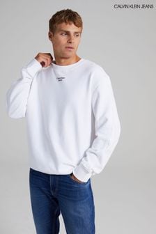Calvin Klein Jeans White Stacked Logo Crew Neck Sweater (U68876) | $124